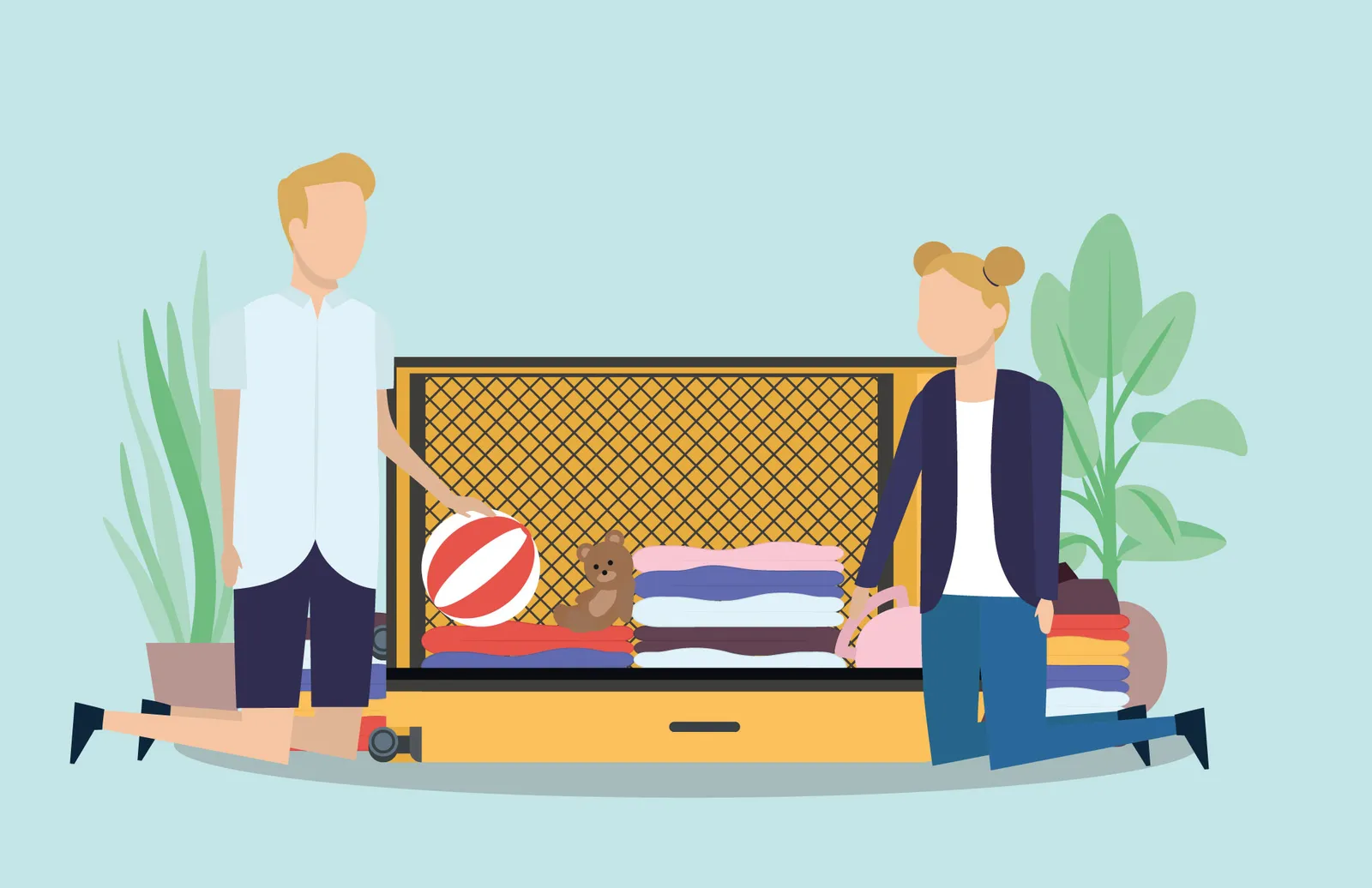 Illustration d'une valise ouverte remplie de piles de vêtements pliés, avec un ballon et un ours en peluche, entre deux personnages agenouillés