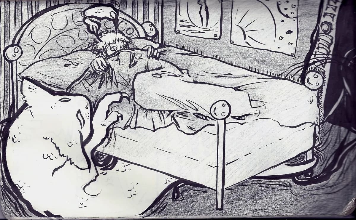 Dessin à l'encre d'un grand monstre poilu qui sort de sous un lit, devant un dormeur caché sous sa couverture