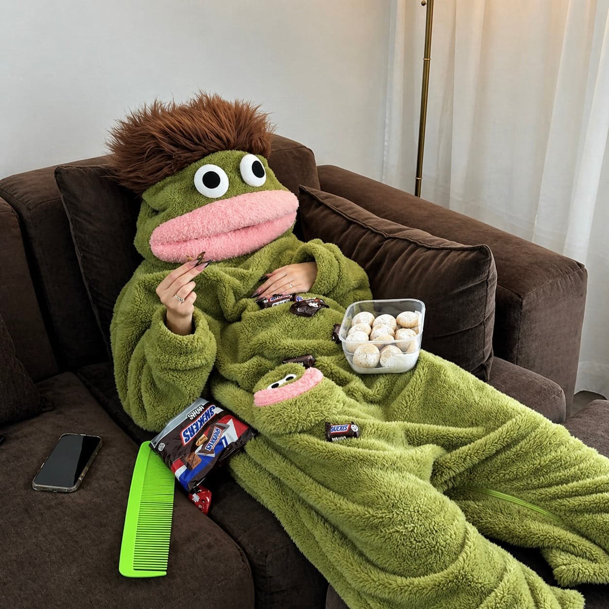 Pyjama Monstre à capuche vert porté par un adulte